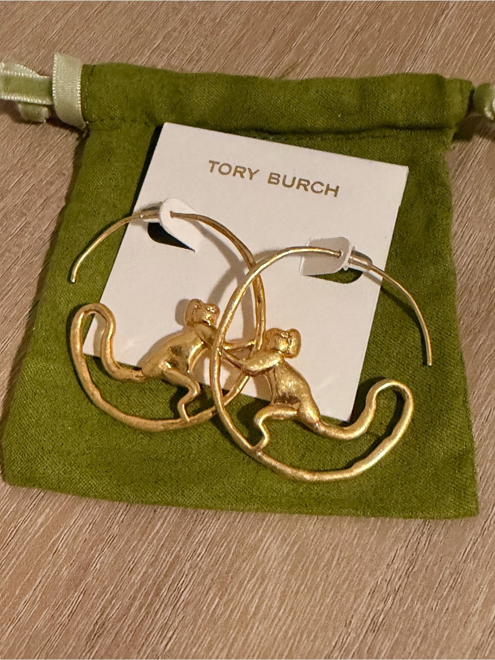 Tory Burch Call of the Wild Monkey Hoop Earrings Gold Runway new